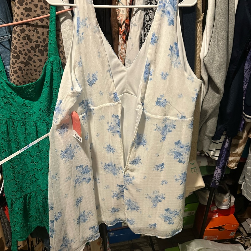 ARULA White and Blue Floral Wrap Mini Dress